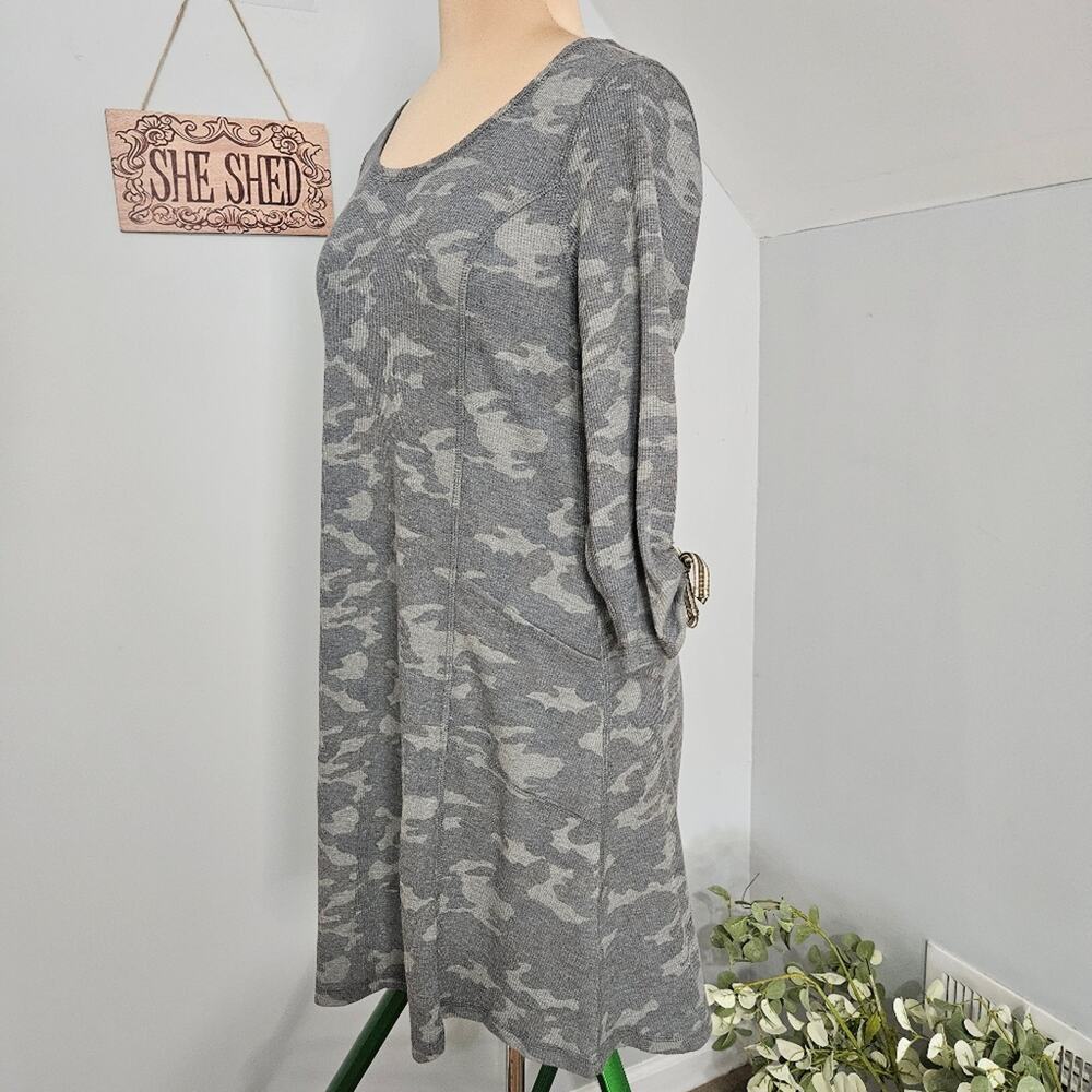 New Tribal Jeans Gray Green Camo Scoop Neck Tunic Dress 3/4 Bow Sleeves Pocket - Picture 5 of 16